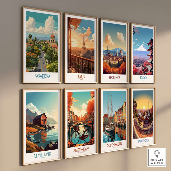Gallery of travel posters featuring Pasadena, Paris, Florence, Tokyo, Reykjavik, Amsterdam, Copenhagen, and Barcelona.