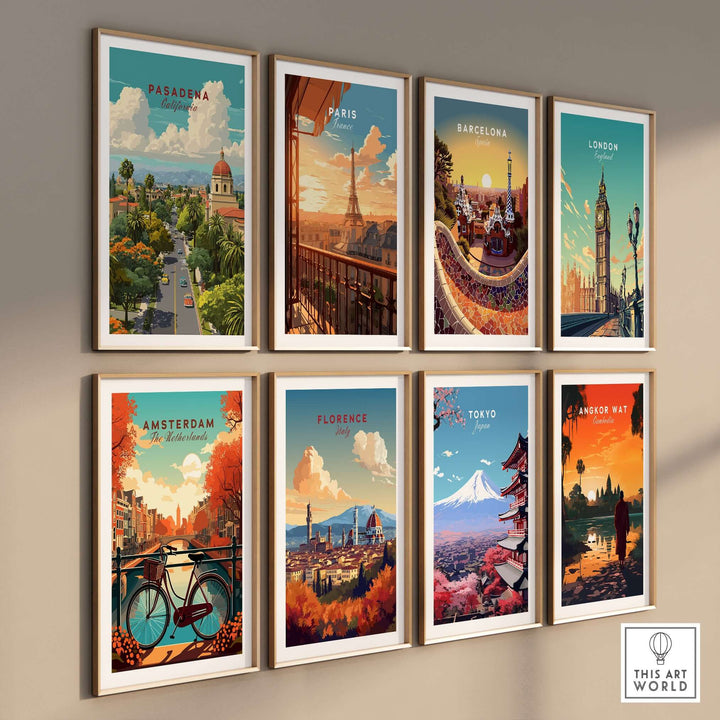 Colorful cityscape posters featuring Pasadena, Paris, Barcelona, London, Amsterdam, Florence, Tokyo, and Angkor Wat.
