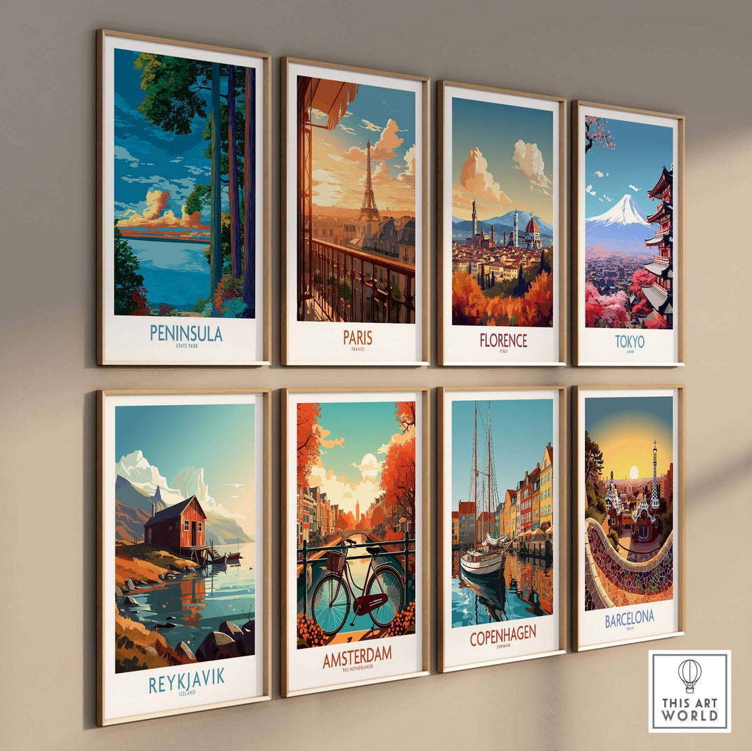 Collection of colorful city landscape prints including Peninsula, Paris, Florence, Tokyo, and more.