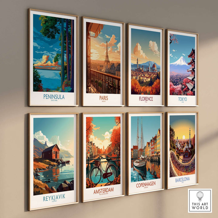 Collection of colorful city landscape prints including Peninsula, Paris, Florence, Tokyo, and more.