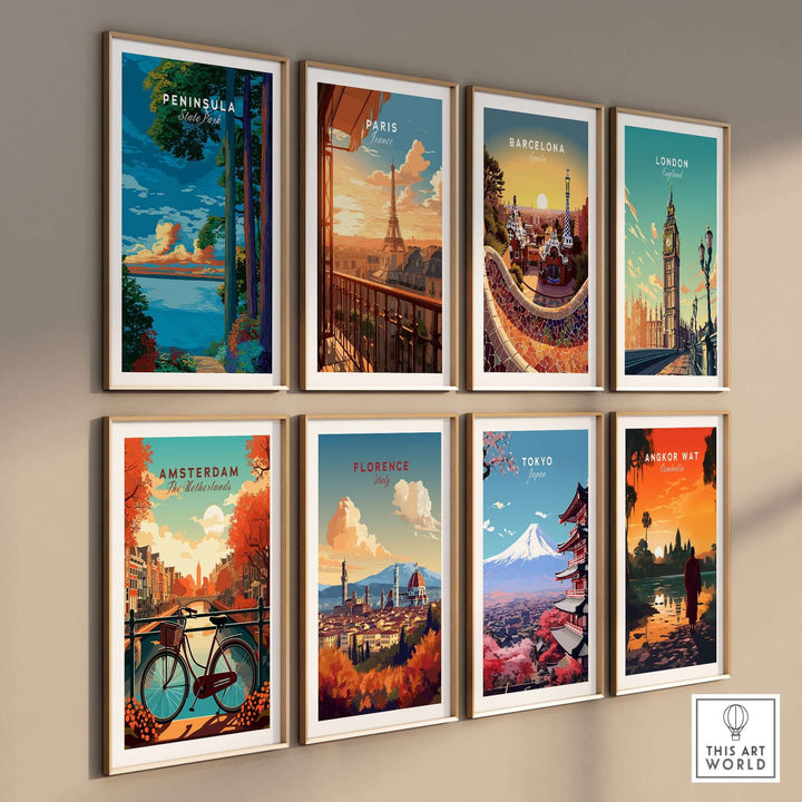Gallery wall of travel posters featuring iconic cities like Paris, London, and Tokyo, highlighting beautiful landscapes and landmarks.