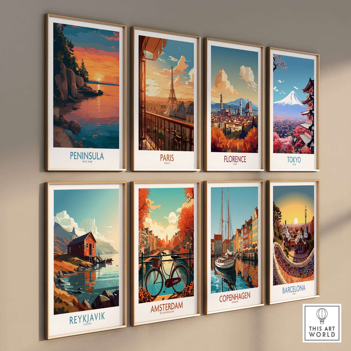 Colorful travel posters featuring various iconic destinations including Peninsula, Paris, Florence, and Tokyo.