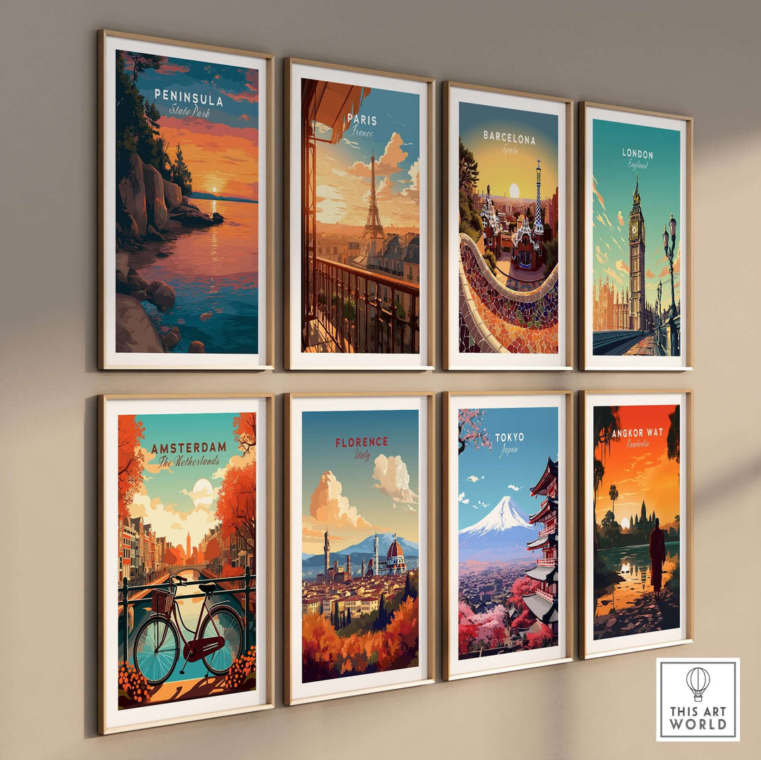 A collection of travel-themed wall art prints featuring iconic cities like Paris, London, and Tokyo, displayed in stylish frames.
