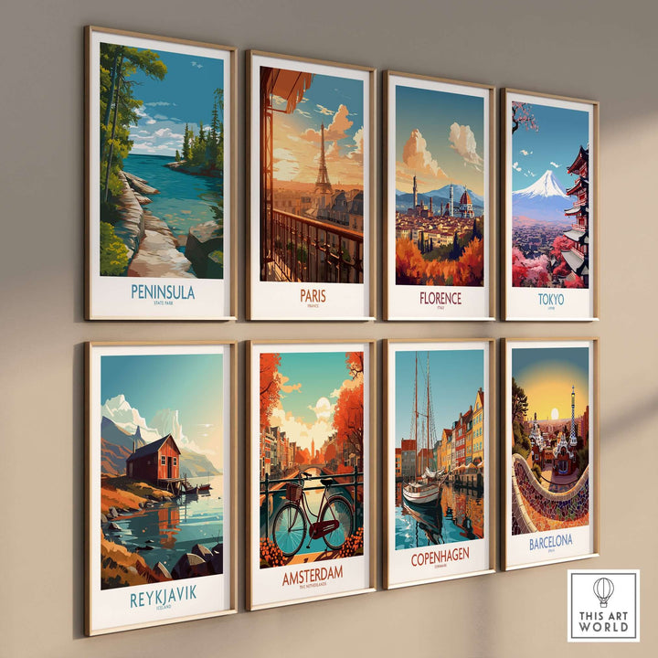 Colorful wall art featuring iconic landscapes from Peninsula State Park and famous cities like Paris, Florence, and Tokyo.