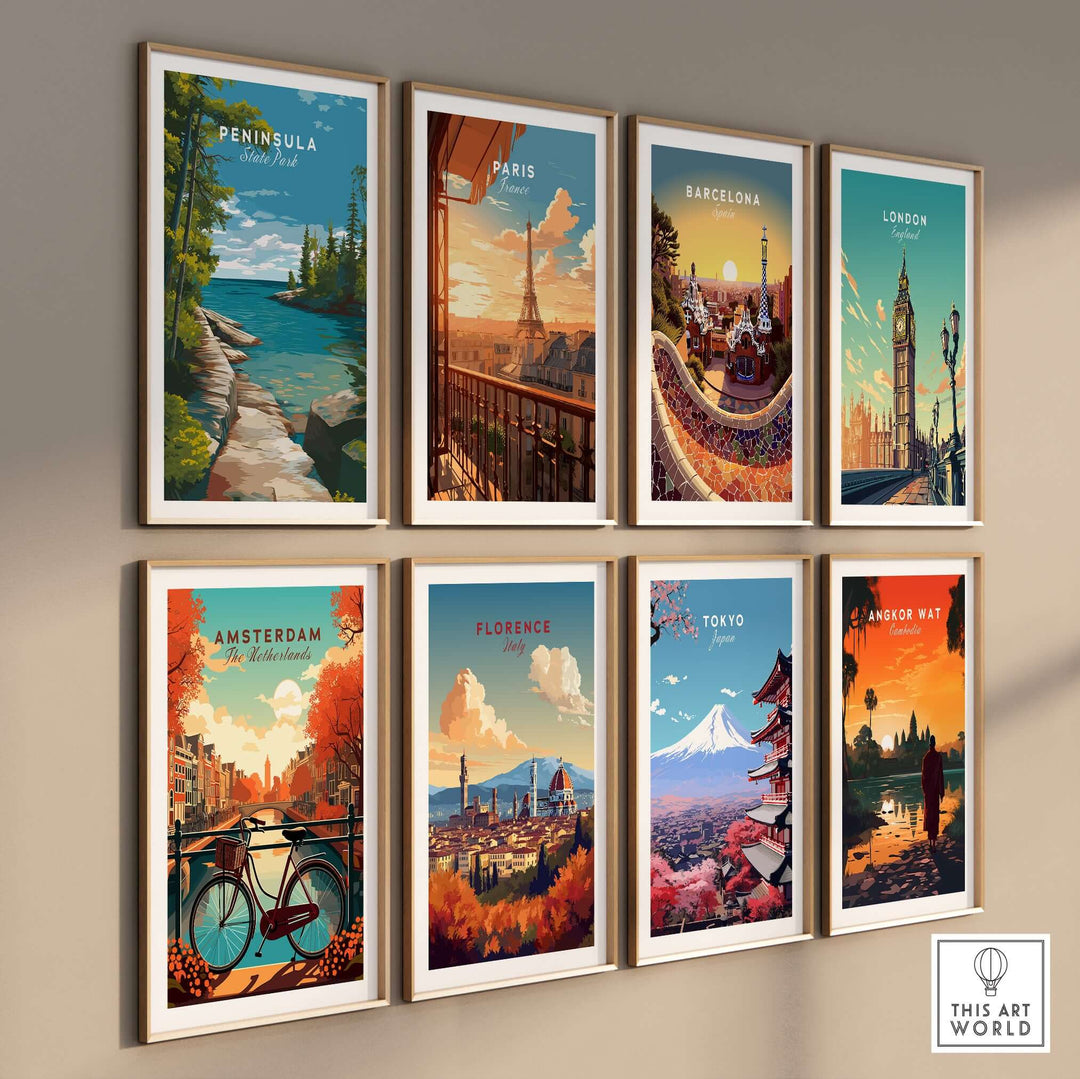 Gallery wall of scenic travel posters including Peninsula, Paris, Barcelona, London, Amsterdam, Florence, Tokyo, and Angkor Wat.