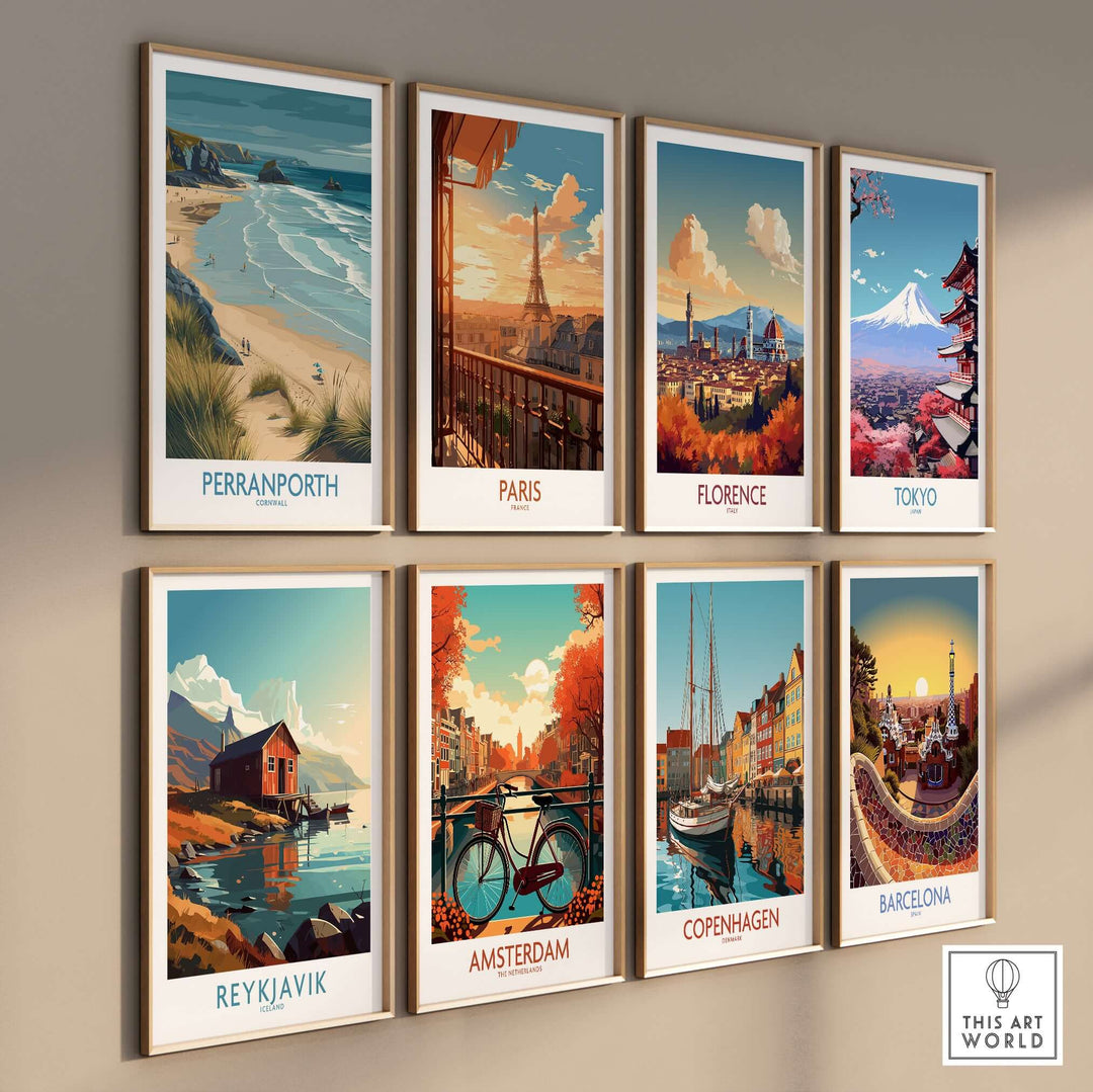 Gallery of vibrant travel posters featuring iconic destinations like Perranporth, Paris, and Barcelona.