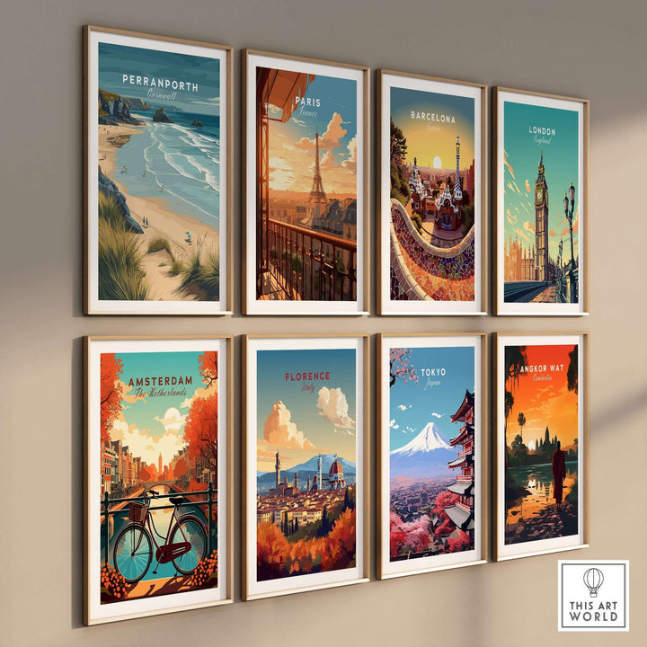 Gallery of framed travel prints showcasing Perranporth, Paris, Barcelona, London, and more, perfect for home decor.