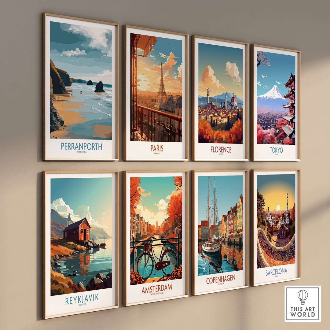 Gallery of colorful travel wall art including Perranporth, Paris, and other iconic cities.