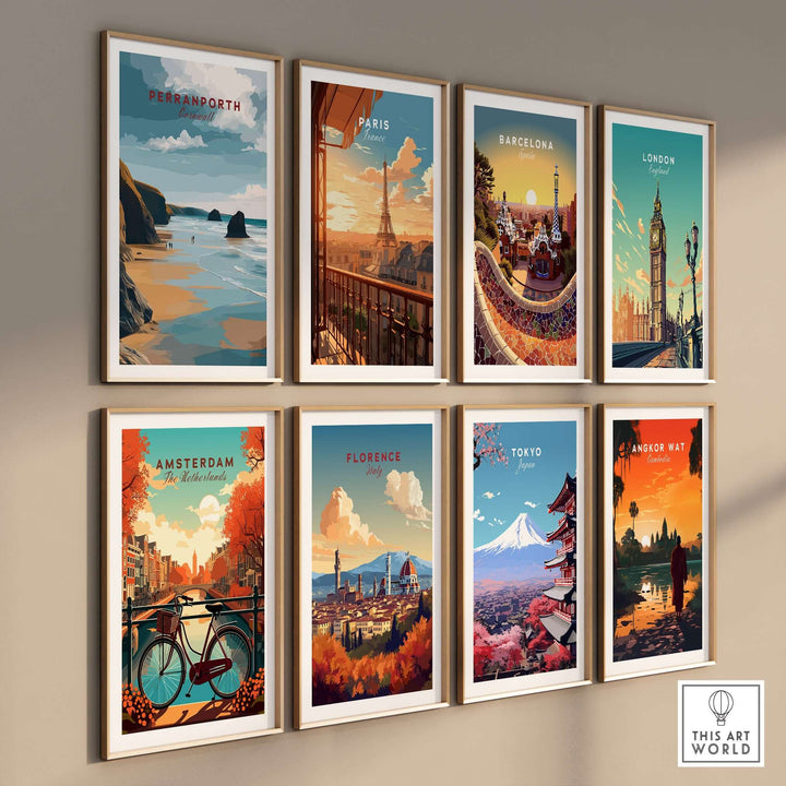 Collection of travel posters featuring Perranporth, Paris, Barcelona, London, Amsterdam, Florence, Tokyo, and Angkor Wat.