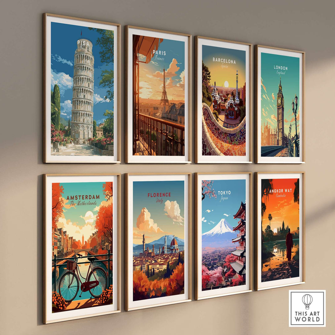 Gallery of iconic city posters including Leaning Tower of Pisa, Eiffel Tower, and Tokyo's Mt. Fuji, framed on a wall.