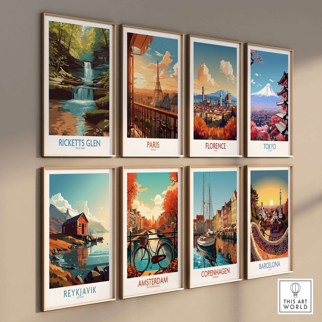 Gallery of vintage travel posters featuring Ricketts Glen, Paris, Florence, Tokyo, Reykjavik, Amsterdam, Copenhagen, and Barcelona.