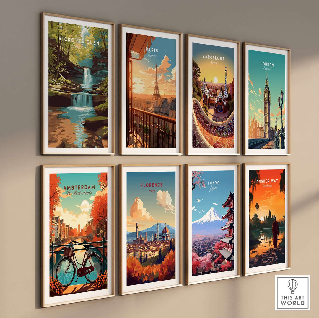 Gallery of scenic travel prints including Ricketts Glen and famous cities like Paris and Tokyo.