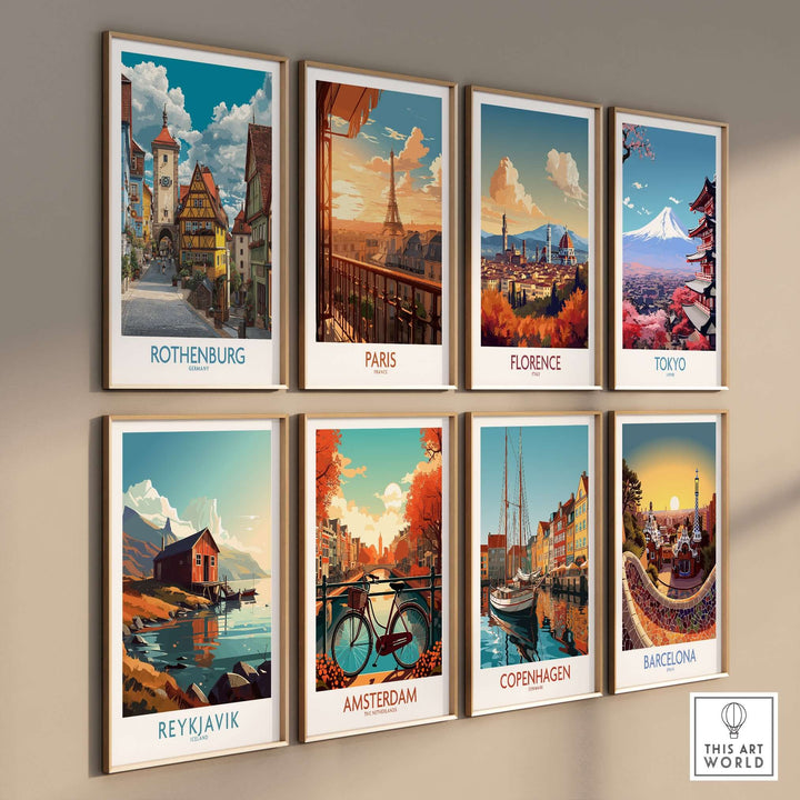 Colorful wall art prints of iconic cities including Rothenburg, Paris, Florence, Tokyo, and more for home decor.