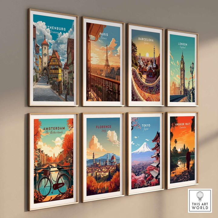 Gallery of travel posters featuring iconic cities like Rothenburg, Paris, Barcelona, and more.