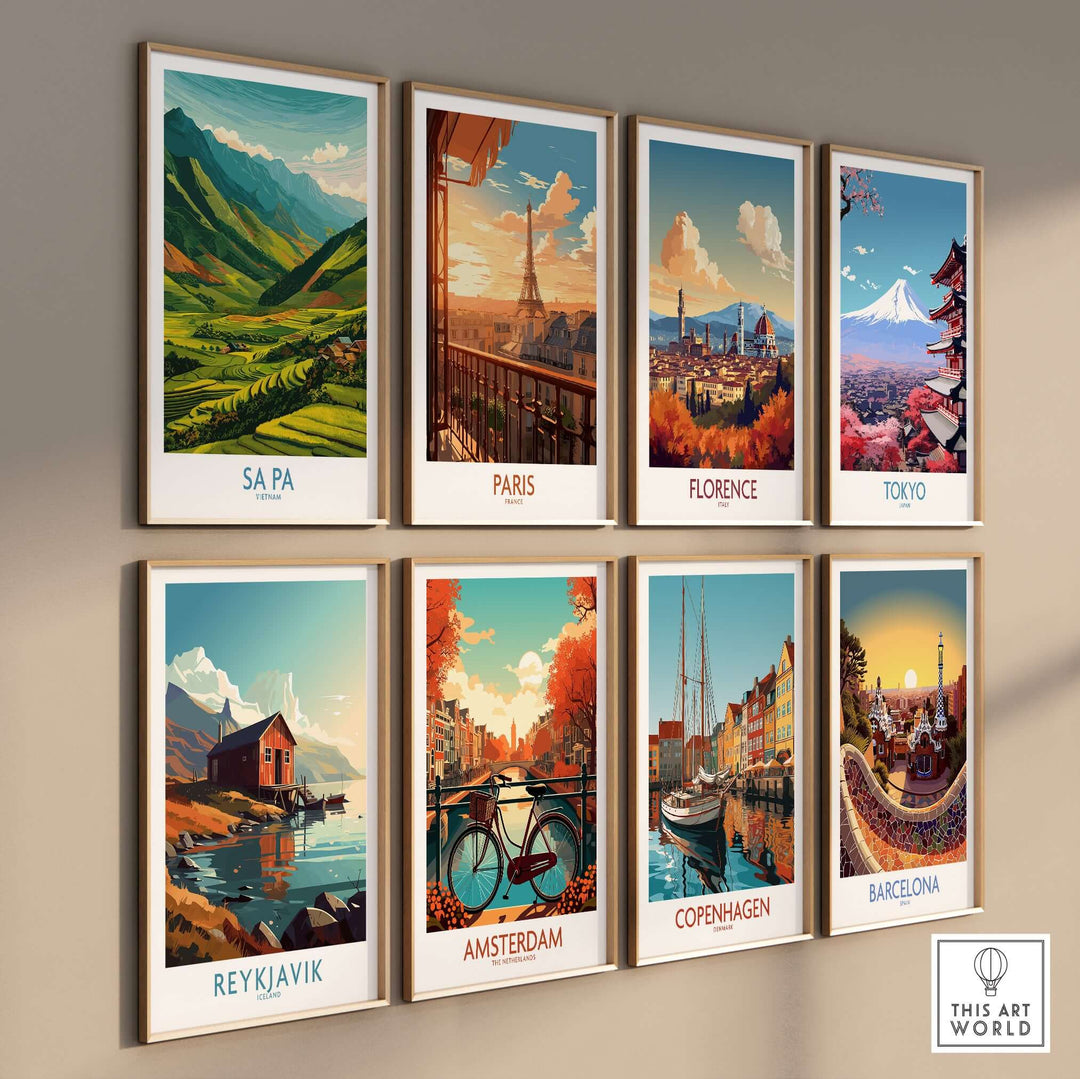 Collection of colorful travel posters featuring Sa Pa, Paris, Florence, Tokyo, Reykjavik, Amsterdam, Copenhagen, and Barcelona.