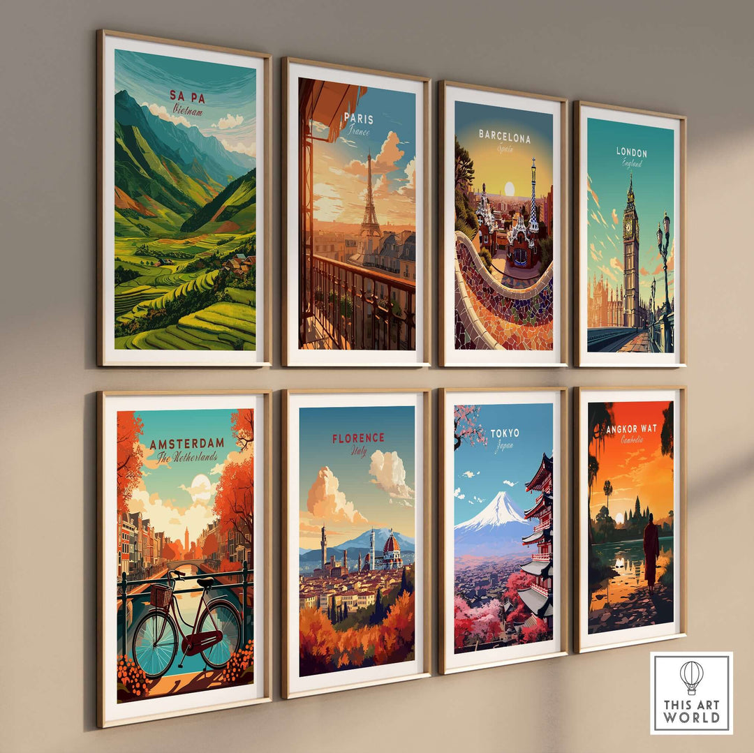 Collection of vibrant travel posters featuring Sa Pa, Paris, Barcelona, London, Amsterdam, Florence, Tokyo, and Angkor Wat.