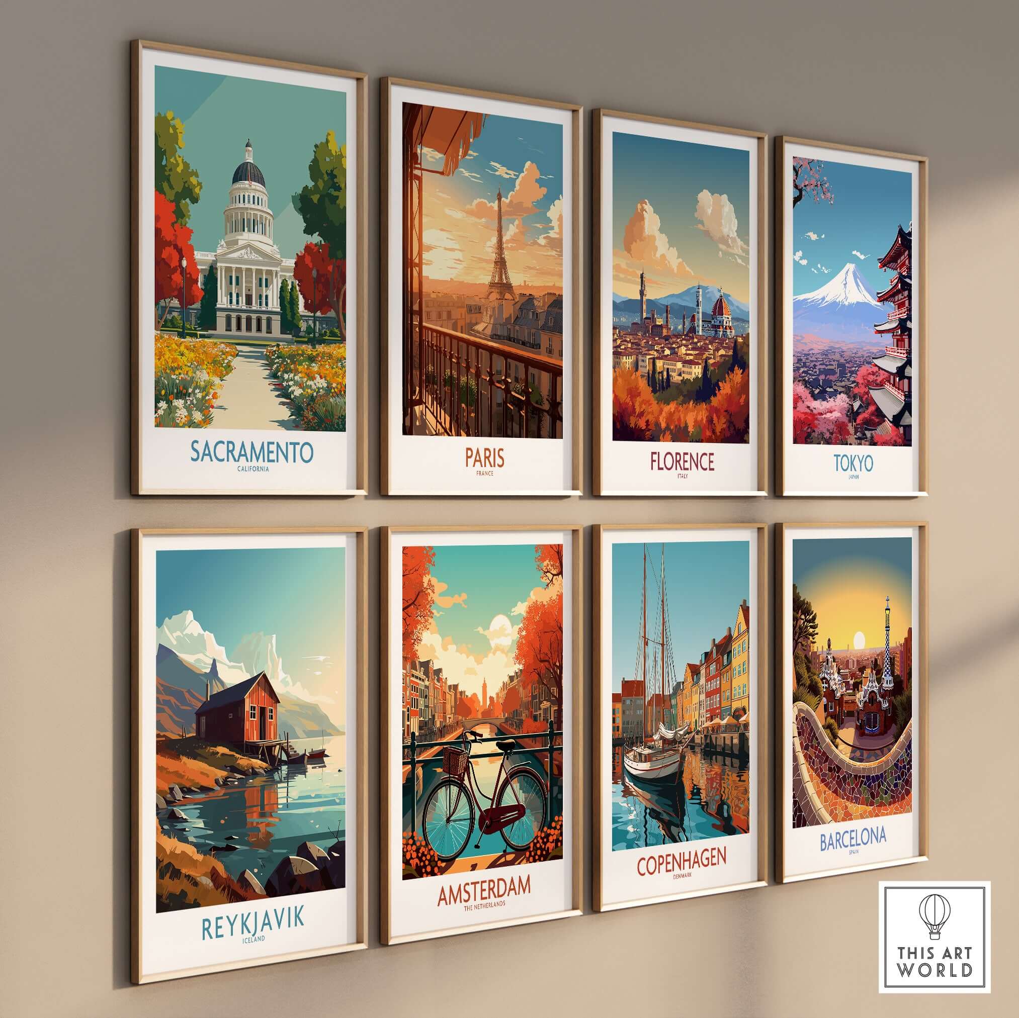 Sacramento California Capitol Poster - Historic Cityscape Print collection displayed on wall, featuring cityscapes of various cities.