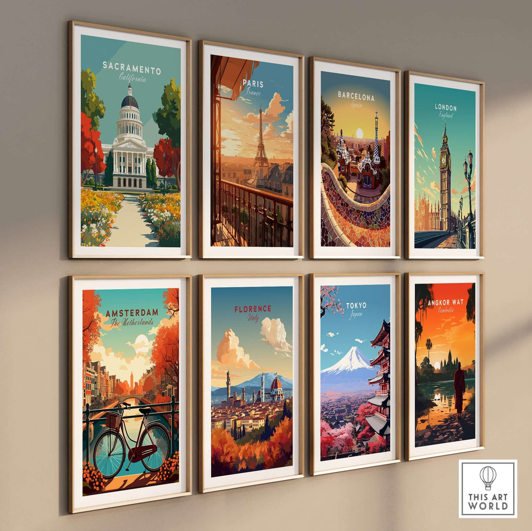 Gallery wall of iconic city prints including Sacramento, Paris, and Tokyo showcasing global landmarks.