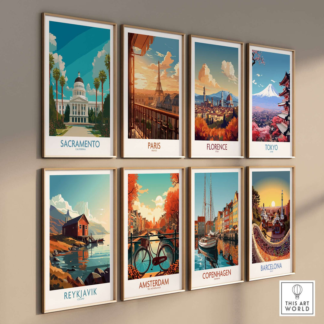 Collection of vintage travel posters including Sacramento, Paris, Florence, Tokyo, Reykjavik, Amsterdam, Copenhagen, and Barcelona.