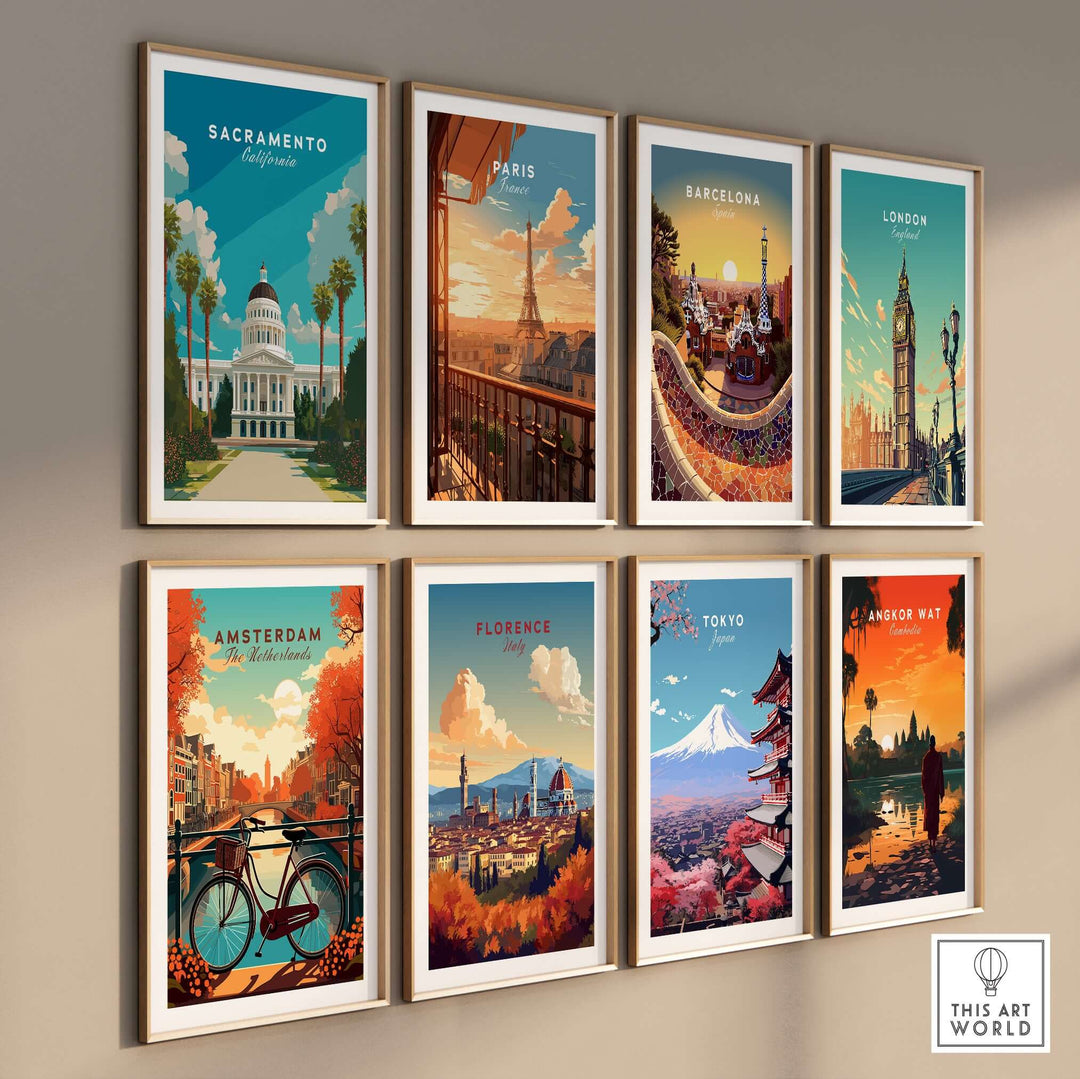 Gallery of travel posters featuring Sacramento, Paris, Barcelona, London, Amsterdam, Florence, Tokyo, and Angkor Wat.