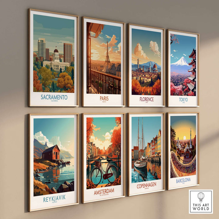 Colorful city poster collection featuring Sacramento, Paris, Florence, Tokyo, Reykjavik, Amsterdam, Copenhagen, and Barcelona.