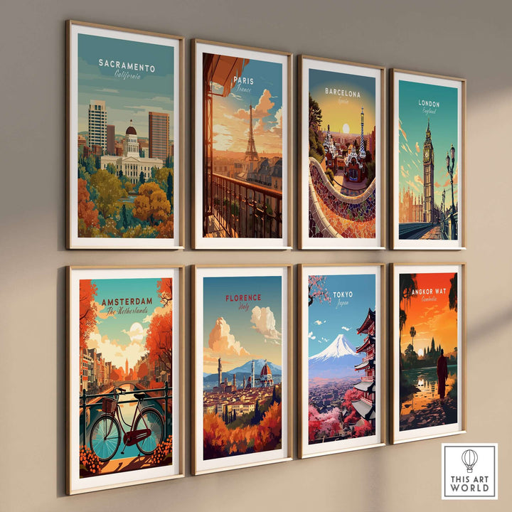 Gallery wall featuring urban landscape prints of Sacramento, Paris, Barcelona, London, and more.
