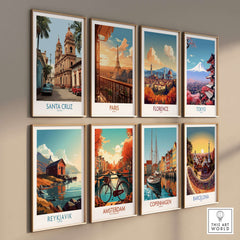 Santa Cruz Bolivia Art Print | Historic City Poster collection displayed on a wall featuring vibrant cityscapes.