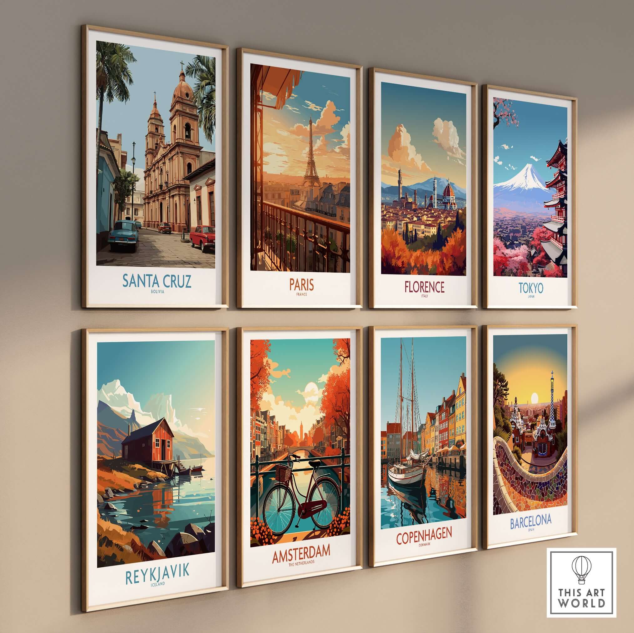 Santa Cruz Bolivia Art Print | Historic City Poster collection displayed on a wall featuring vibrant cityscapes.