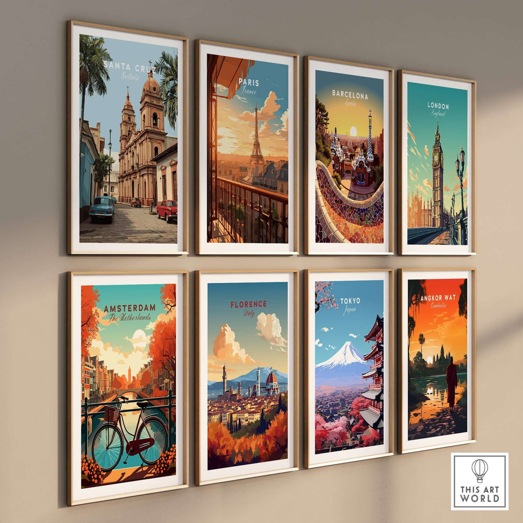 Santa Cruz South America Print | Bolivian Urban Wall Decor among vibrant cityscape prints on a modern gallery wall.