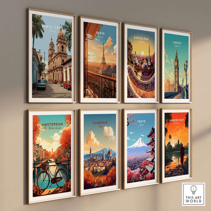 Santa Cruz South America Print | Bolivian Urban Wall Decor among vibrant cityscape prints on a modern gallery wall.