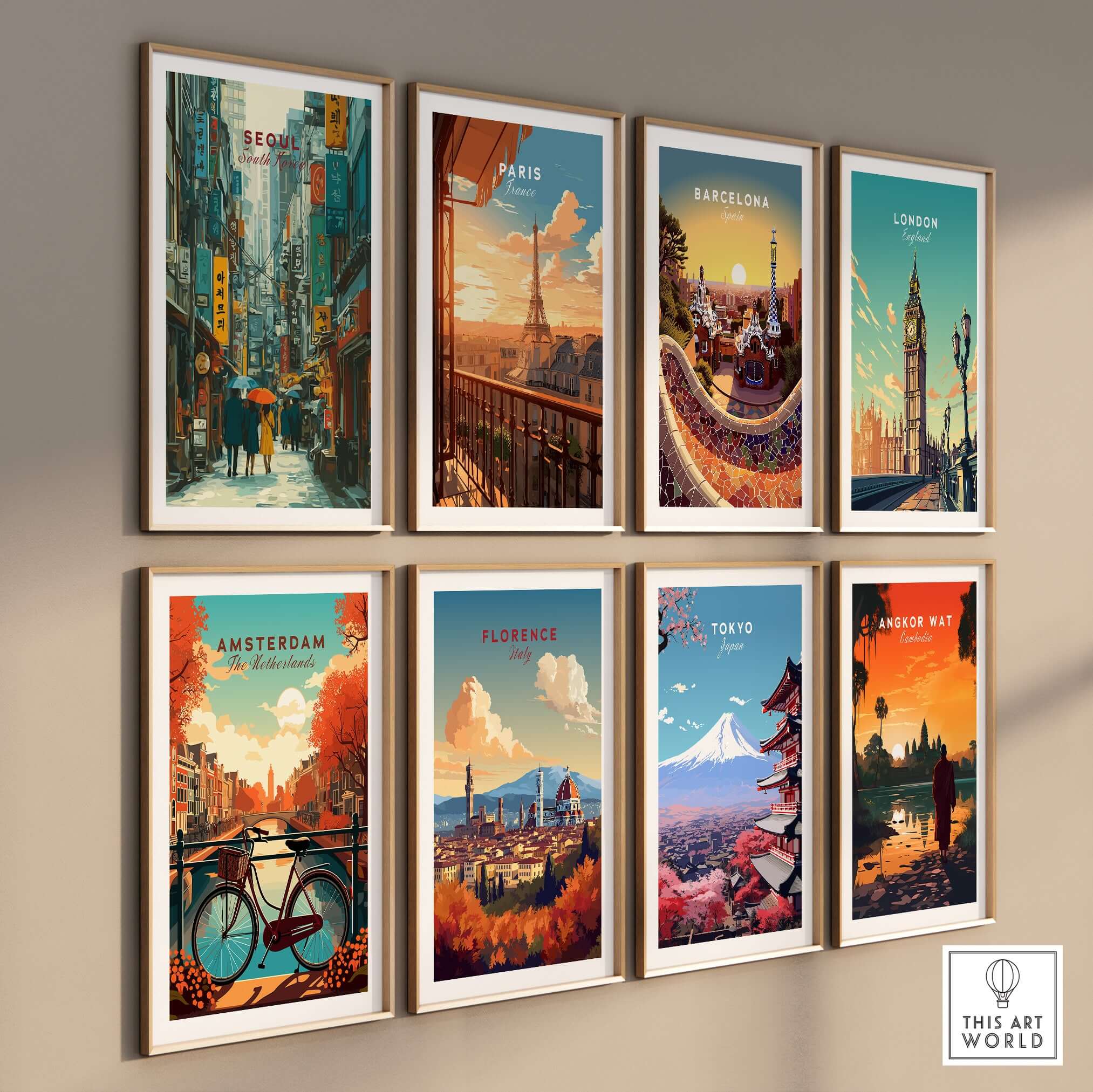 Seoul Print South Korea Busy Street - Urban Cityscape Wall Art displayed with other city prints in a modern gallery setting.