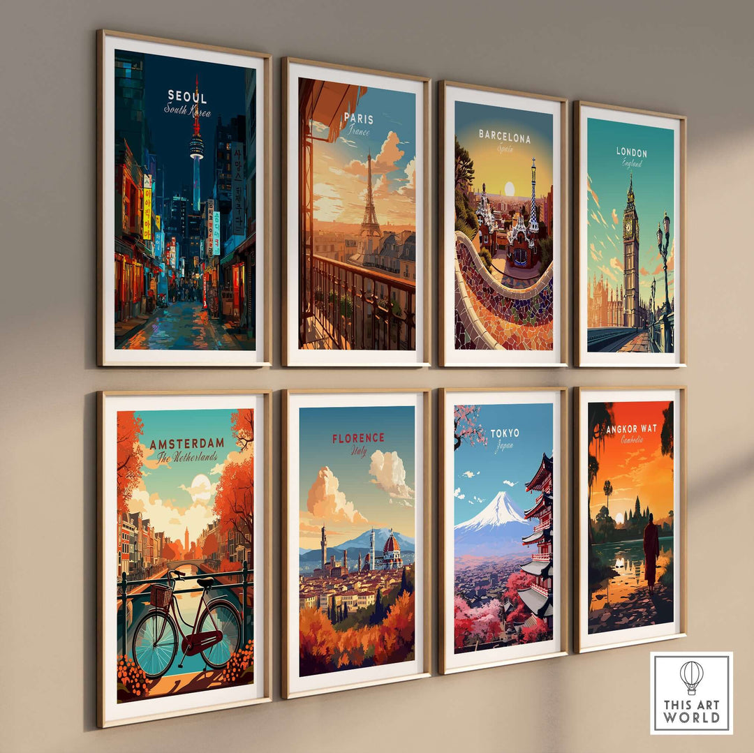 Gallery of vibrant city posters featuring Seoul, Paris, Barcelona, London, Amsterdam, Florence, Tokyo, and Angkor Wat.