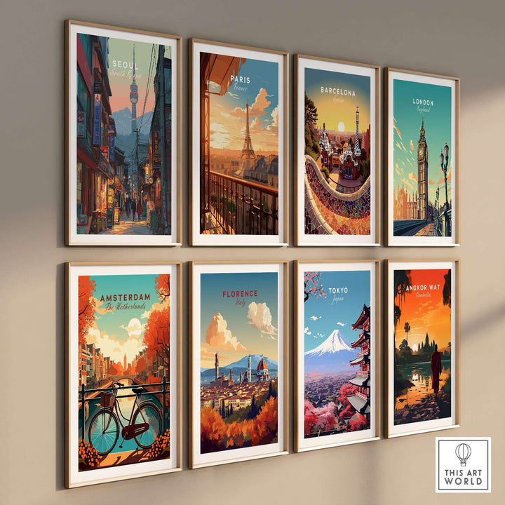 Gallery wall featuring city prints of Seoul, Paris, Barcelona, London, Amsterdam, Florence, Tokyo, and Angkor Wat.