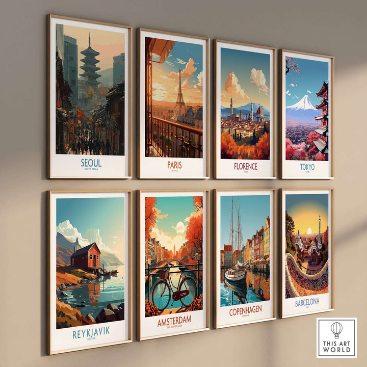 Gallery of travel-themed wall art featuring iconic skylines from Seoul, Paris, Florence, Tokyo, Reykjavik, Amsterdam, Copenhagen, and Barcelona.