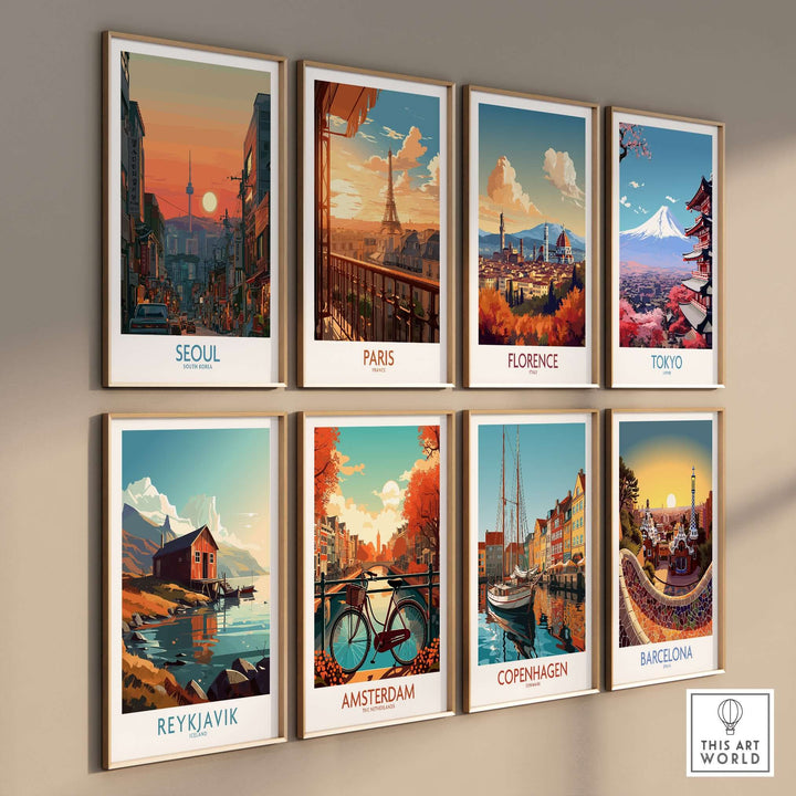 Collection of vibrant travel posters featuring Seoul, Paris, Florence, Tokyo, Reykjavik, Amsterdam, Copenhagen, and Barcelona.