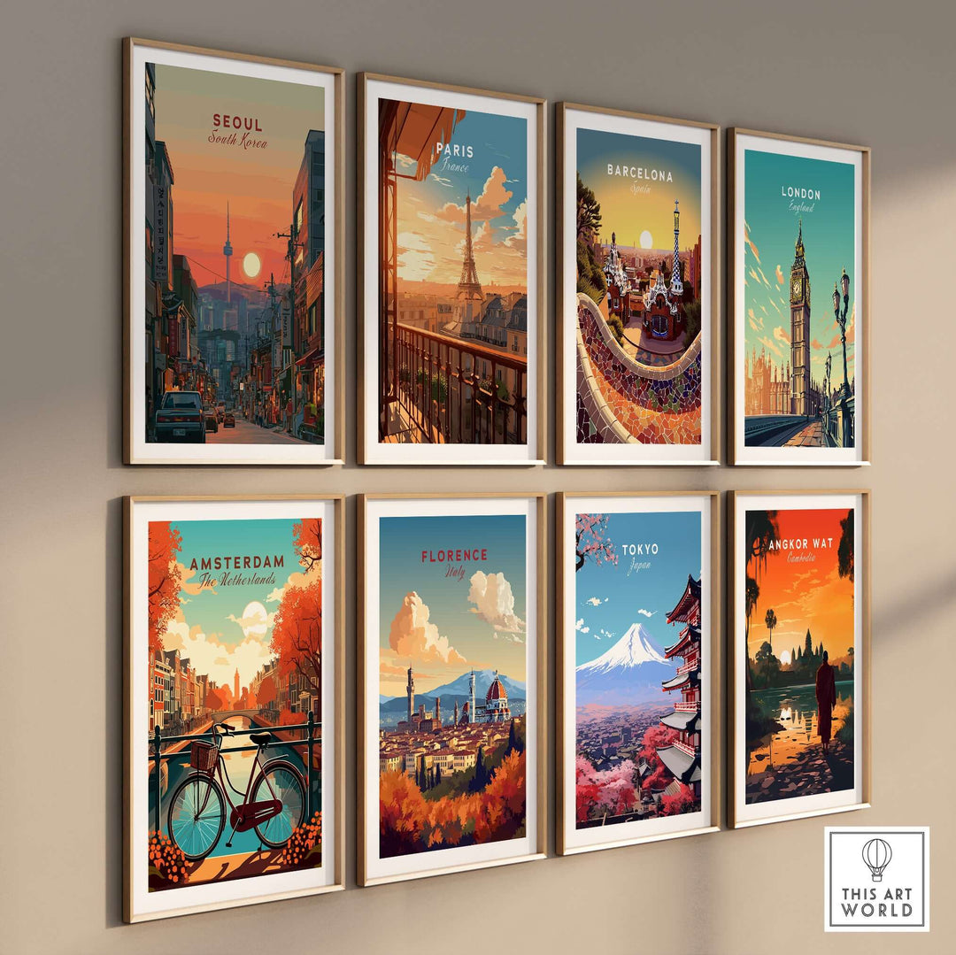 Colorful travel poster collage featuring Seoul, Paris, Barcelona, London, Amsterdam, Florence, Tokyo, and Angkor Wat.