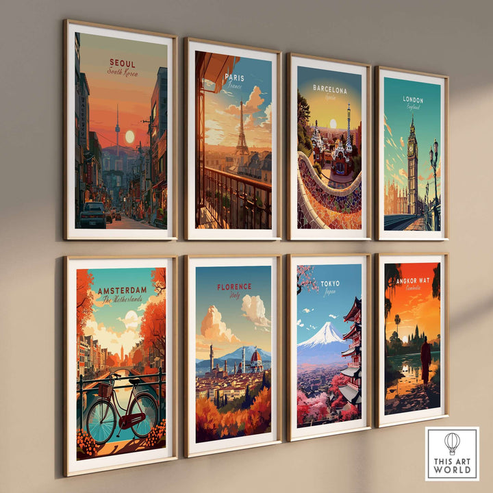 Colorful travel poster collage featuring Seoul, Paris, Barcelona, London, Amsterdam, Florence, Tokyo, and Angkor Wat.