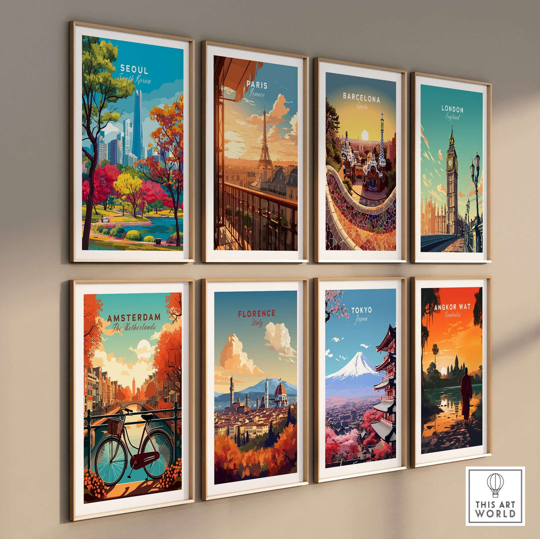 Gallery wall featuring vibrant travel posters of cities like Seoul, Paris, and Tokyo, showcasing iconic landmarks.