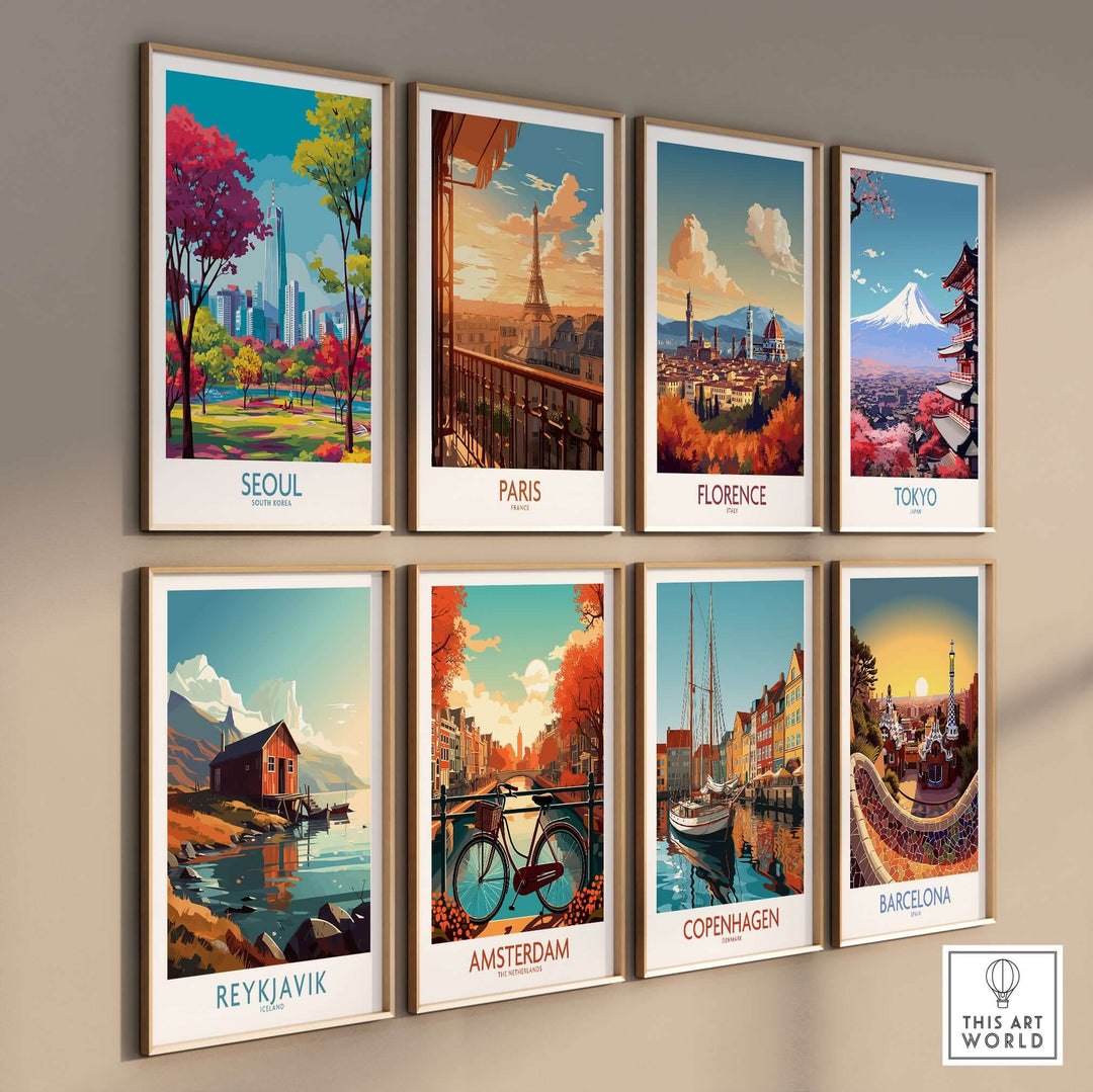 Stylish wall art prints showcasing iconic cities: Seoul, Paris, Florence, Tokyo, Reykjavik, Amsterdam, Copenhagen, and Barcelona.