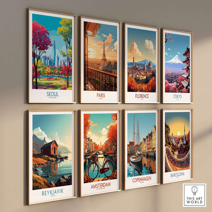 Stylish wall art prints showcasing iconic cities: Seoul, Paris, Florence, Tokyo, Reykjavik, Amsterdam, Copenhagen, and Barcelona.