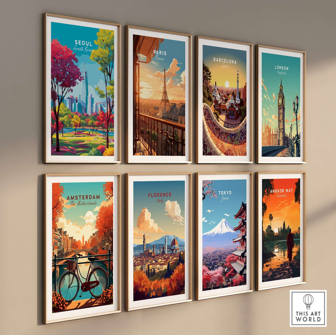 Collection of vibrant city posters including Seoul, Paris, Barcelona, London, Amsterdam, Florence, Tokyo, and Angkor Wat.