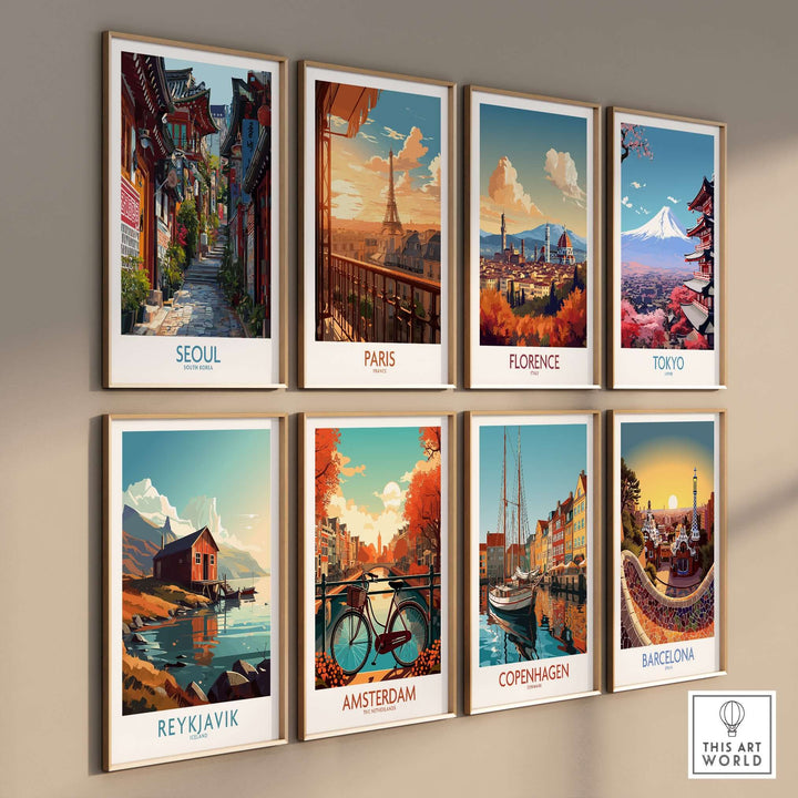 A collection of vibrant cityscape posters including Seoul, Paris, Florence, Tokyo, Reykjavik, Amsterdam, Copenhagen, and Barcelona.