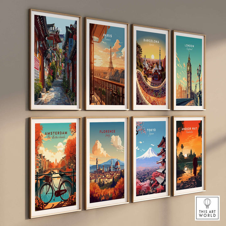 Gallery of vibrant city prints including Seoul, Paris, Barcelona, London, Amsterdam, Florence, Tokyo, and Angkor Wat.