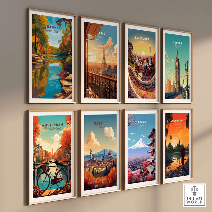 Gallery wall of travel art prints featuring Shawnee, Paris, Barcelona, London, Amsterdam, Florence, Tokyo, and Angkor Wat.
