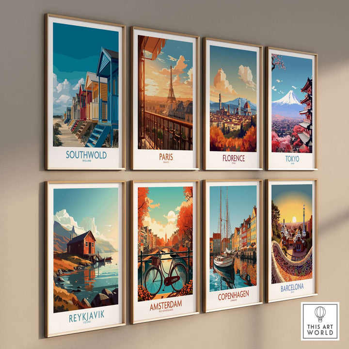 Colorful travel posters of cities including Southwold, Paris, Florence, Tokyo, Reykjavik, Amsterdam, Copenhagen, and Barcelona.