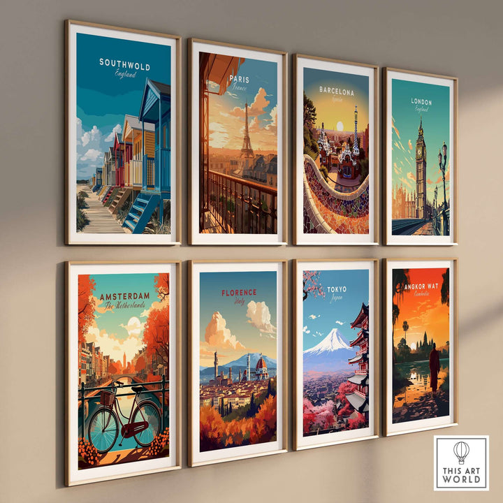 Gallery of colorful city prints featuring Southwold, Paris, Barcelona, London, Amsterdam, Florence, Tokyo, and Angkor Wat.