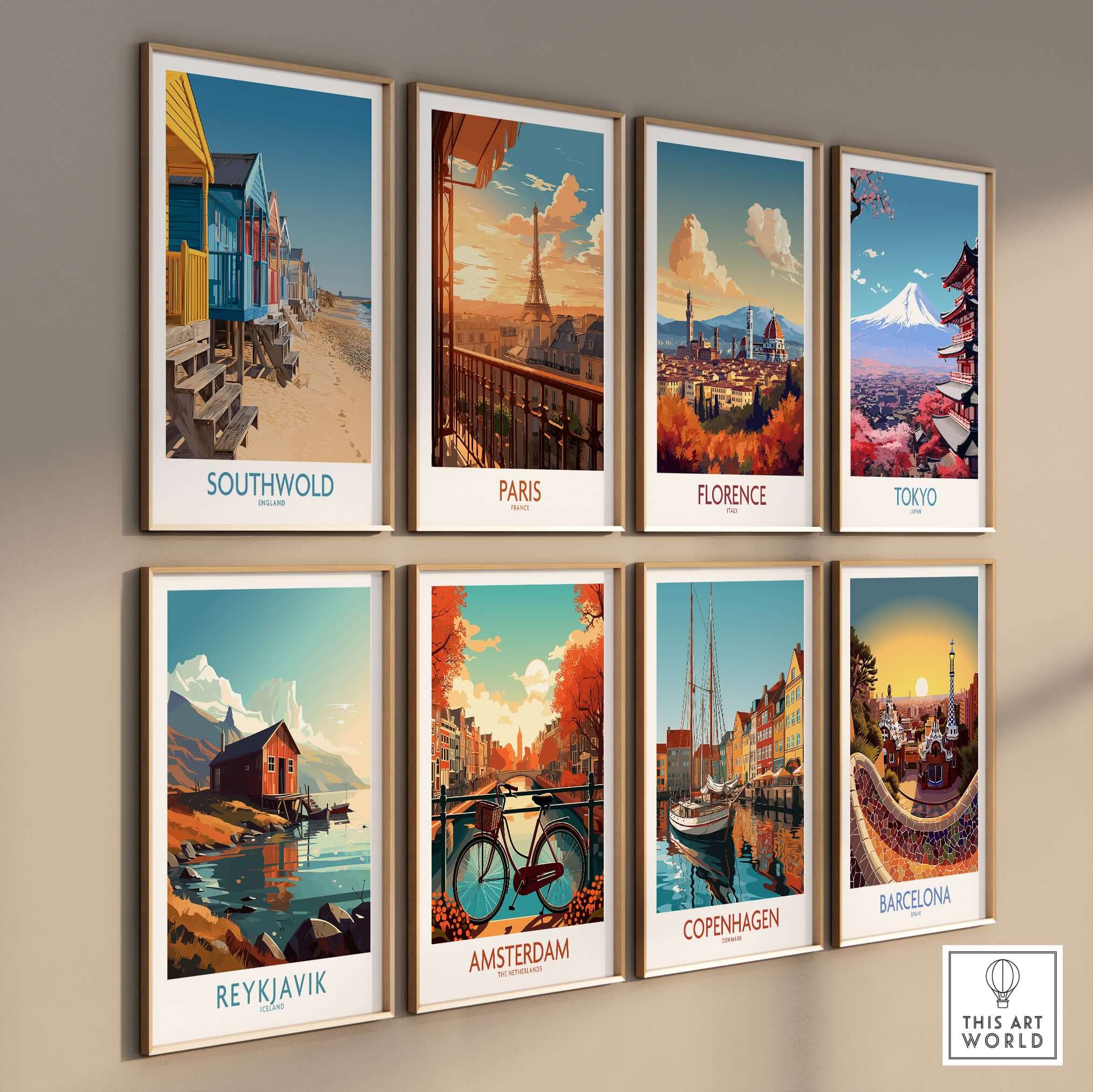 Southwold England Travel Poster among various famous city travel posters on a gallery wall.