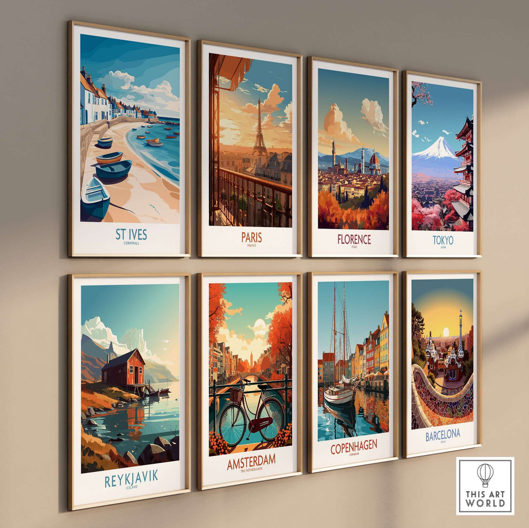 Colorful wall art featuring travel destinations: St Ives, Paris, Florence, Tokyo, Reykjavik, Amsterdam, Copenhagen, Barcelona.