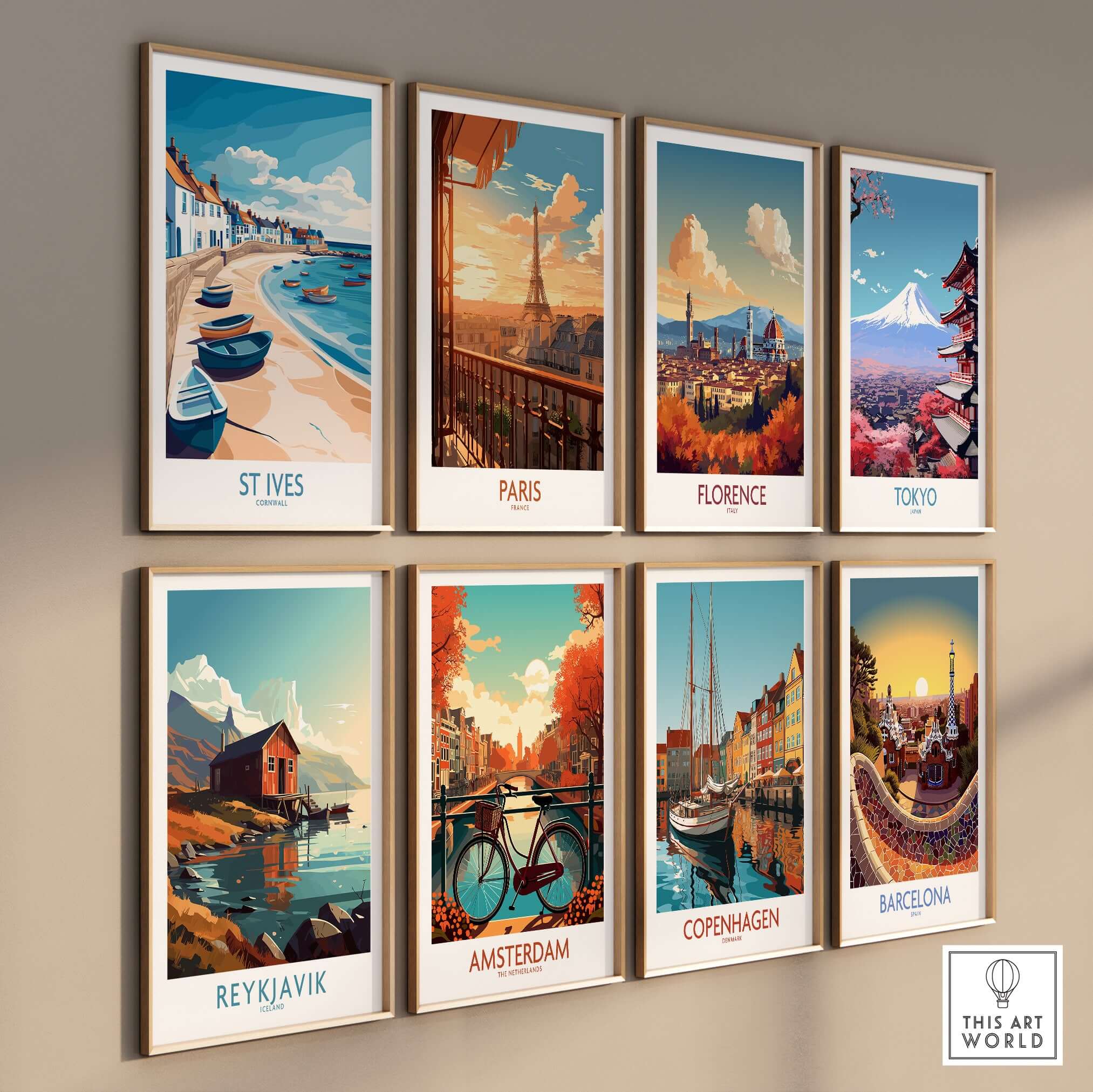 St Ives Cornish Harbor Wall Art - Cornwall Coastal Travel Destination Decor featuring vibrant coastal city illustrations.
