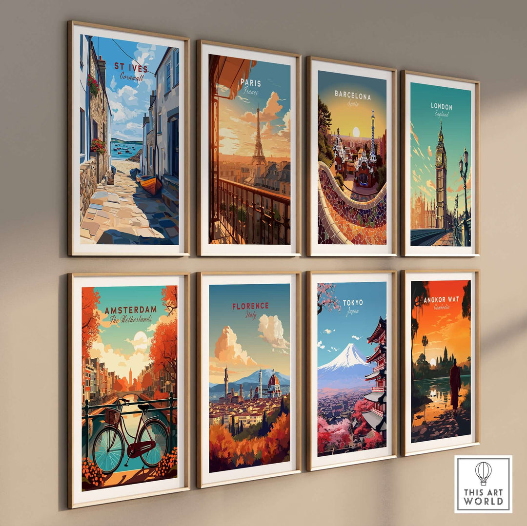 Gallery of colorful travel posters featuring St Ives, Paris, Barcelona, London, Amsterdam, Florence, Tokyo, and Angkor Wat.